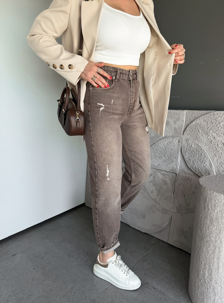Kahve Yırtık Parçalı Mom Jean