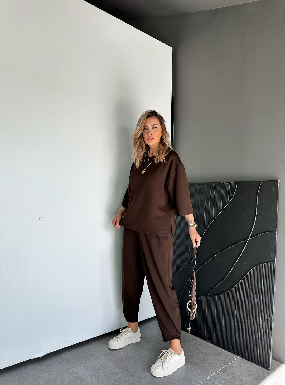 Kahve Yırtmaçlı Fakir Kol Modal Takım