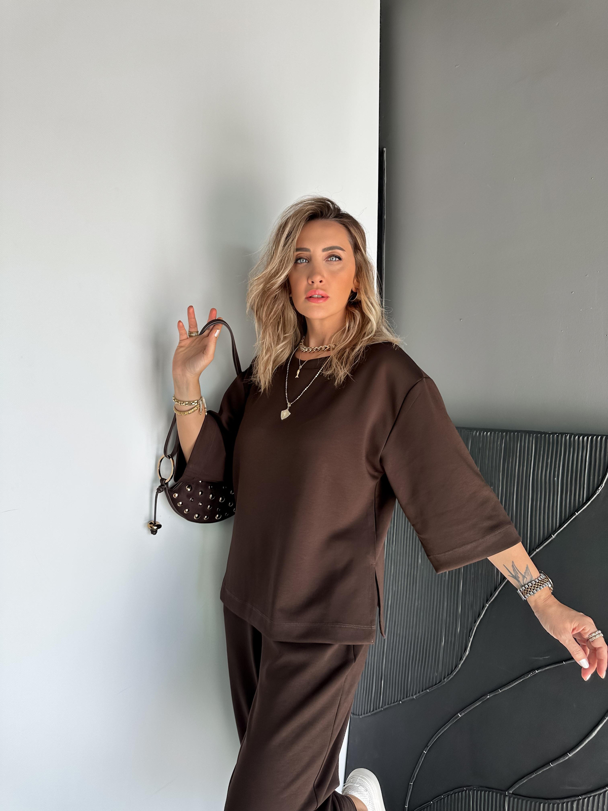 Kahve Yırtmaçlı Fakir Kol Modal Takım