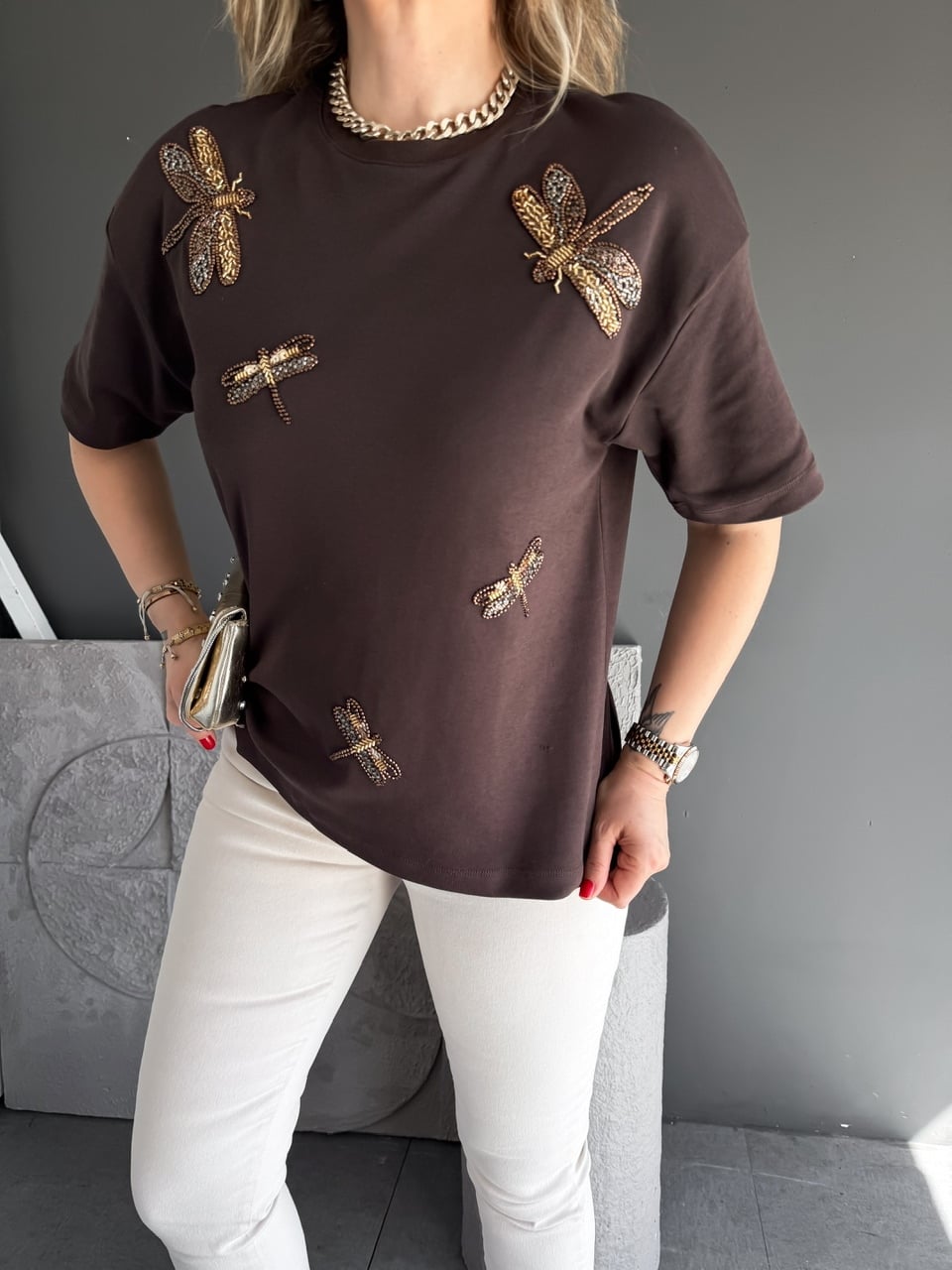 Kahve Yusufçuk İşlemeli Cotton Tshirt