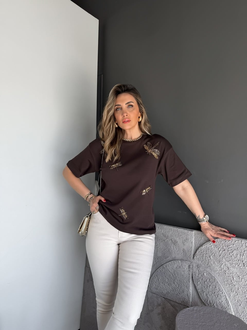 Kahve Yusufçuk İşlemeli Cotton Tshirt