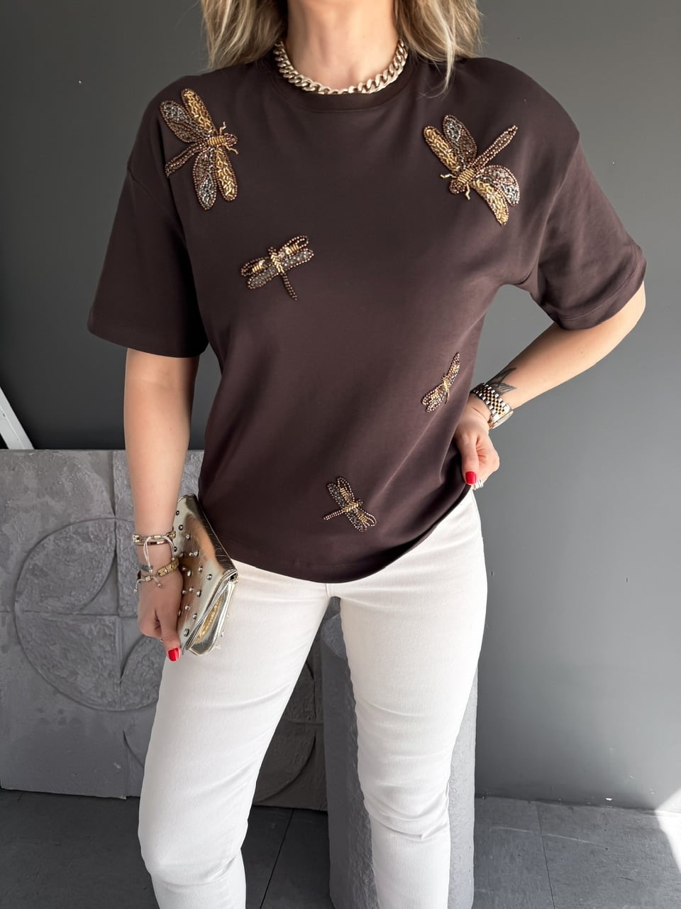 Kahve Yusufçuk İşlemeli Cotton Tshirt
