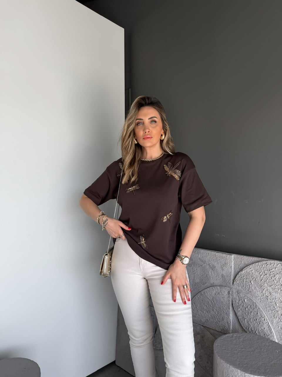 Kahve Yusufçuk İşlemeli Cotton Tshirt