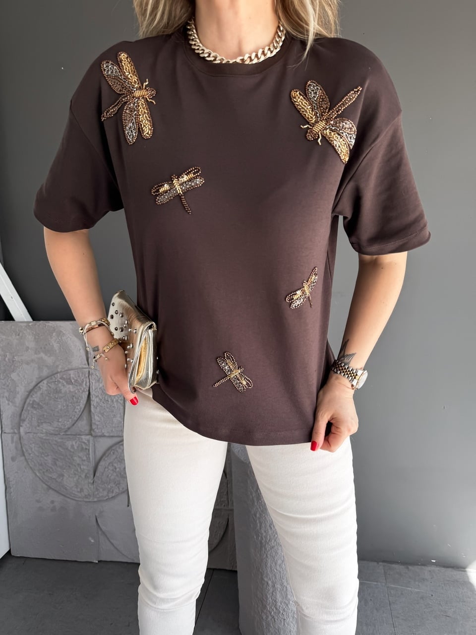 Kahve Yusufçuk İşlemeli Cotton Tshirt