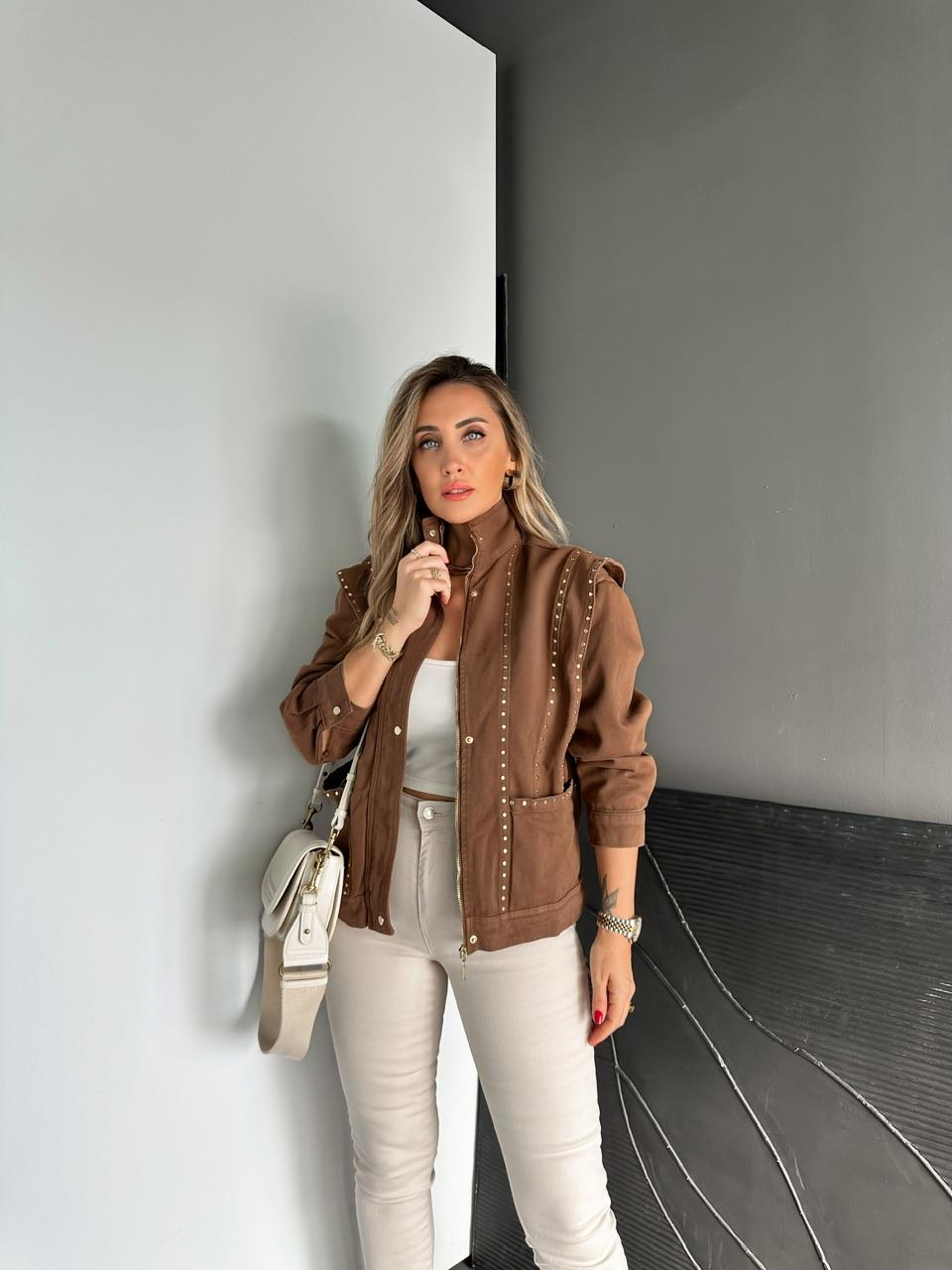 Kahve Zımbalı Omuz Detaylı Tasarım Ceket