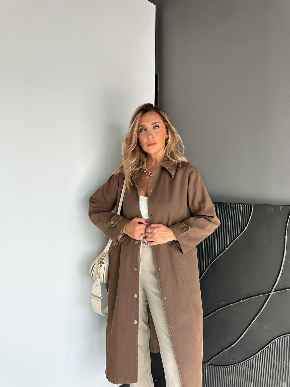Kahverengi Yıkamalı Premium Kot Trençkot