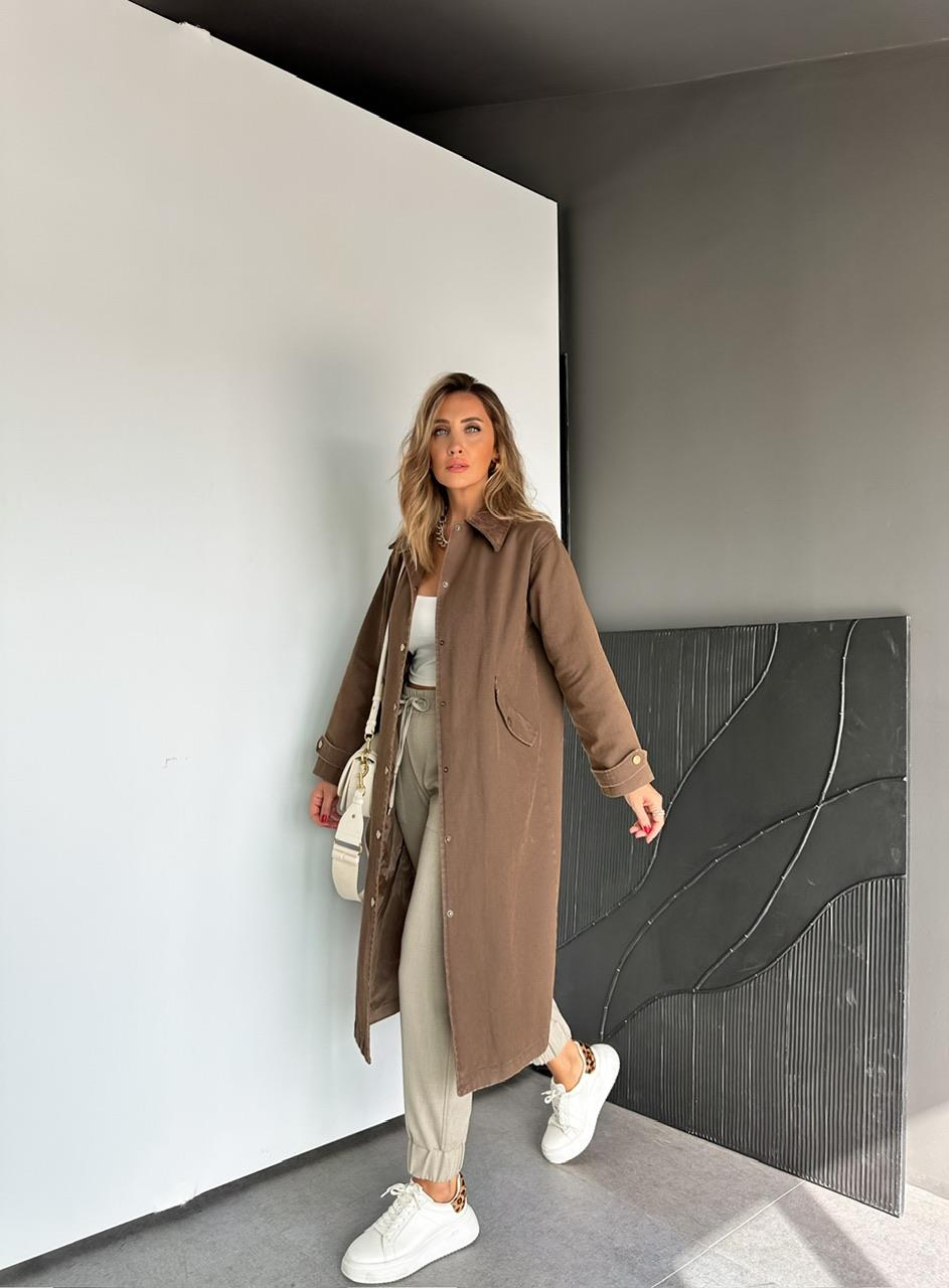 Kahverengi Yıkamalı Premium Kot Trençkot