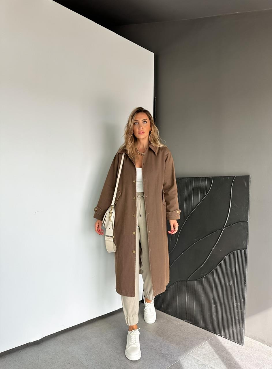 Kahverengi Yıkamalı Premium Kot Trençkot