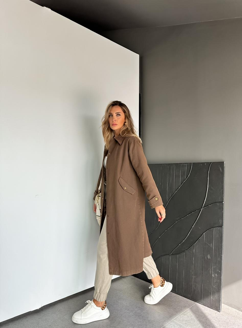 Kahverengi Yıkamalı Premium Kot Trençkot