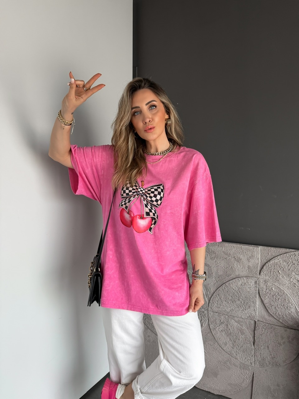 Kiraz Baskılı Yıkamalı Oversize Tshirt