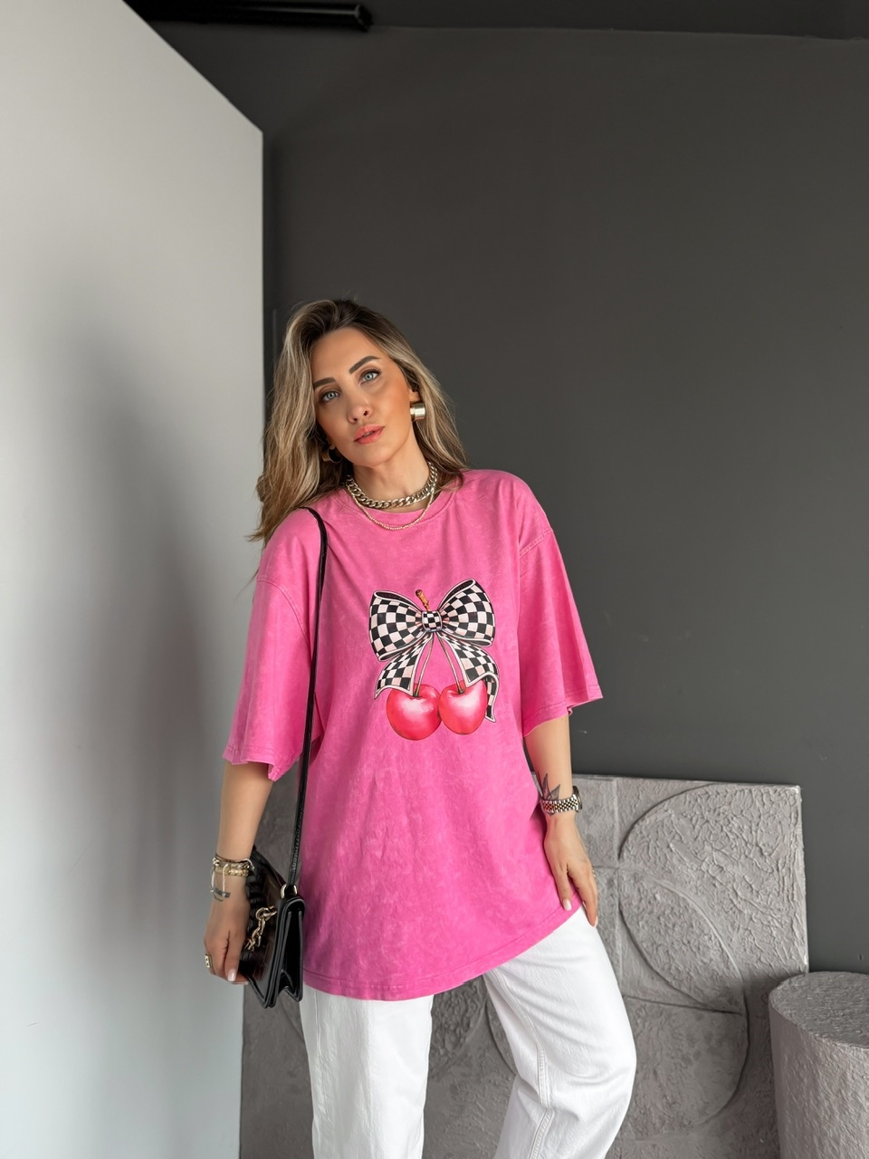 Kiraz Baskılı Yıkamalı Oversize Tshirt