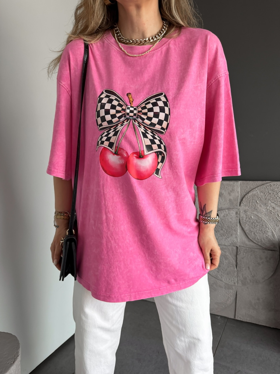 Kiraz Baskılı Yıkamalı Oversize Tshirt