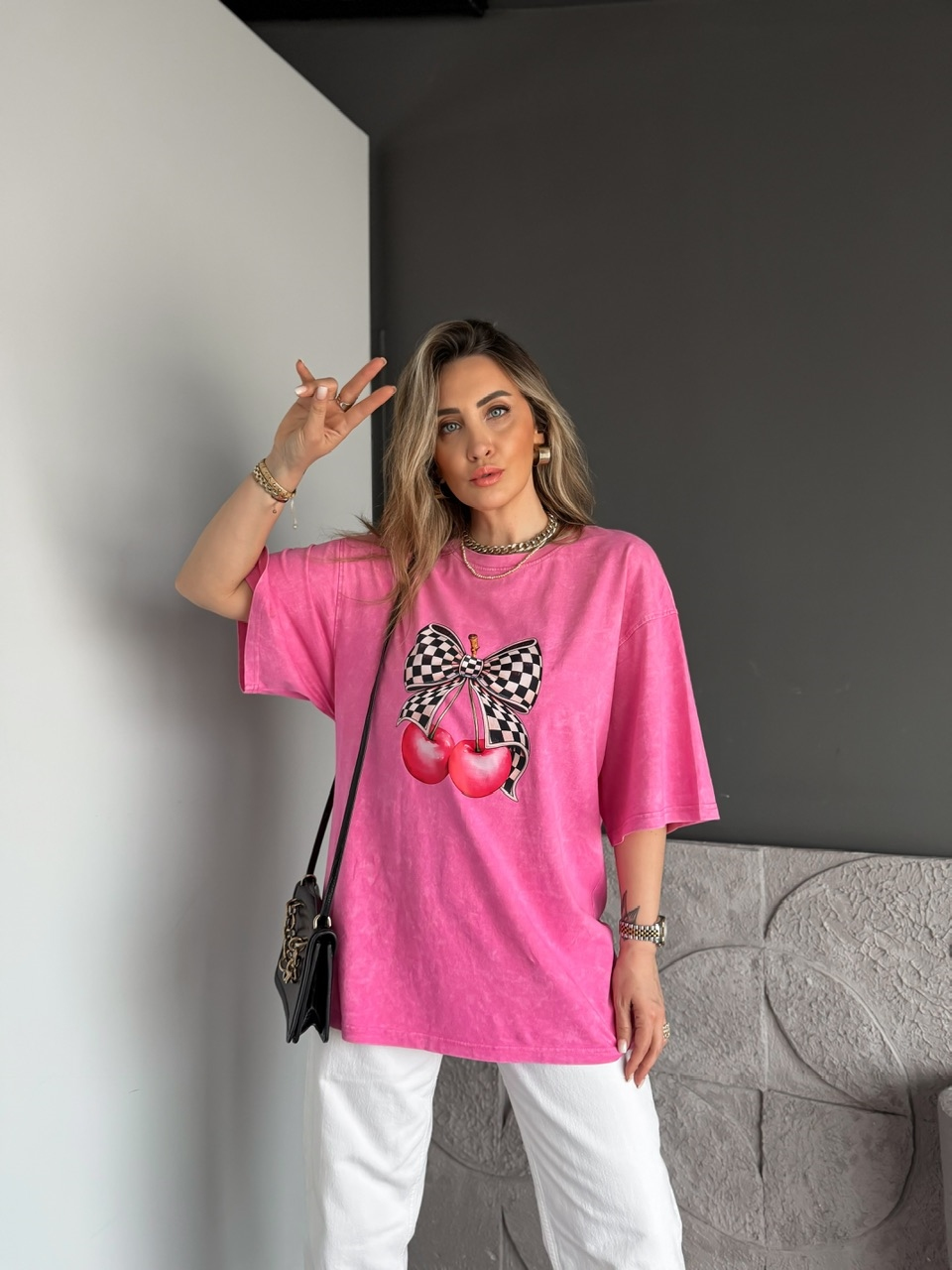 Kiraz Baskılı Yıkamalı Oversize Tshirt