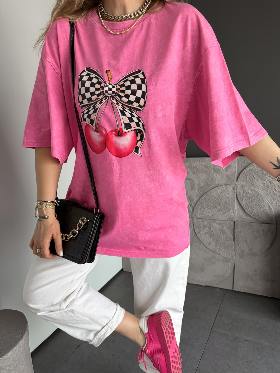 Kiraz Baskılı Yıkamalı Oversize Tshirt