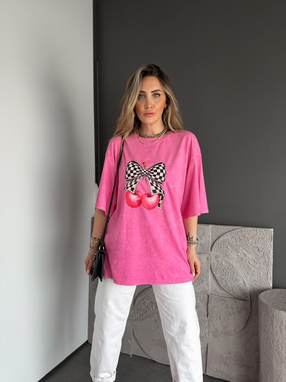 Kiraz Baskılı Yıkamalı Oversize Tshirt