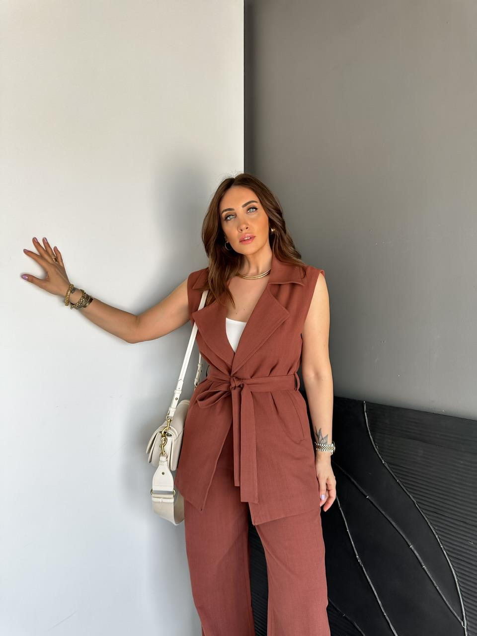 Kiremit Yeleği Kuşaklı Keten Takım