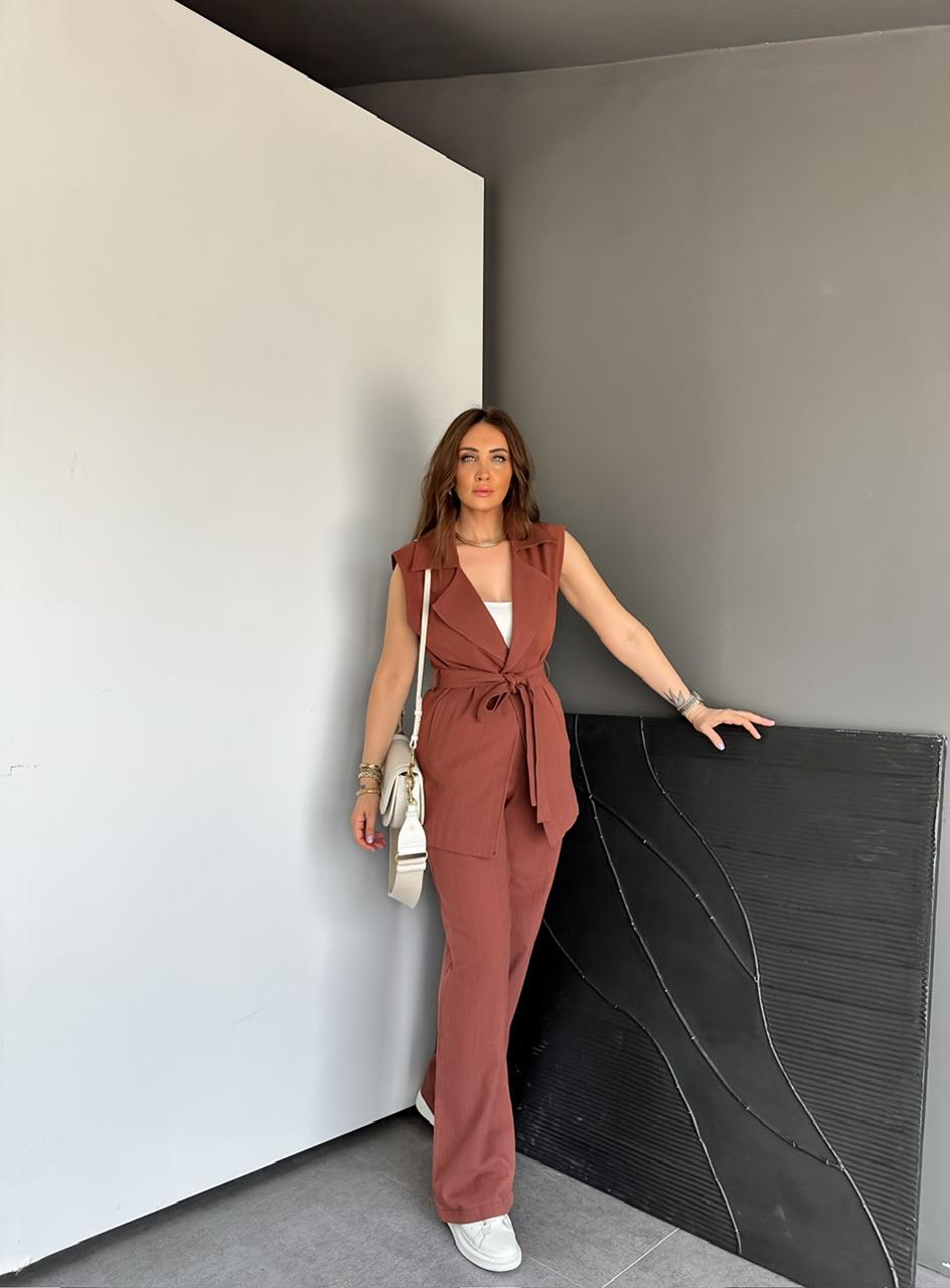 Kiremit Yeleği Kuşaklı Keten Takım