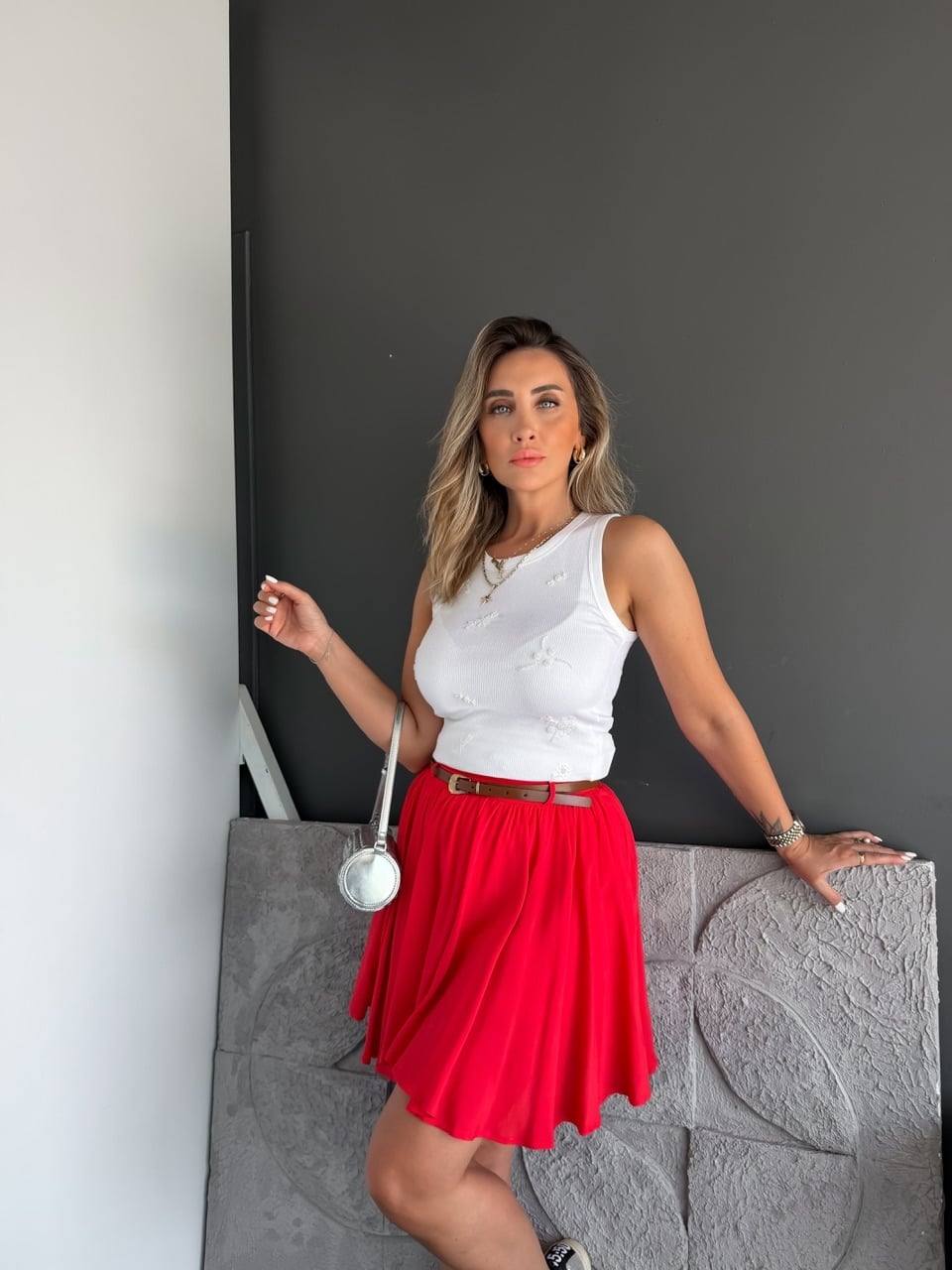 Kırmız Kemerli Beli Lastikli Şort Etek