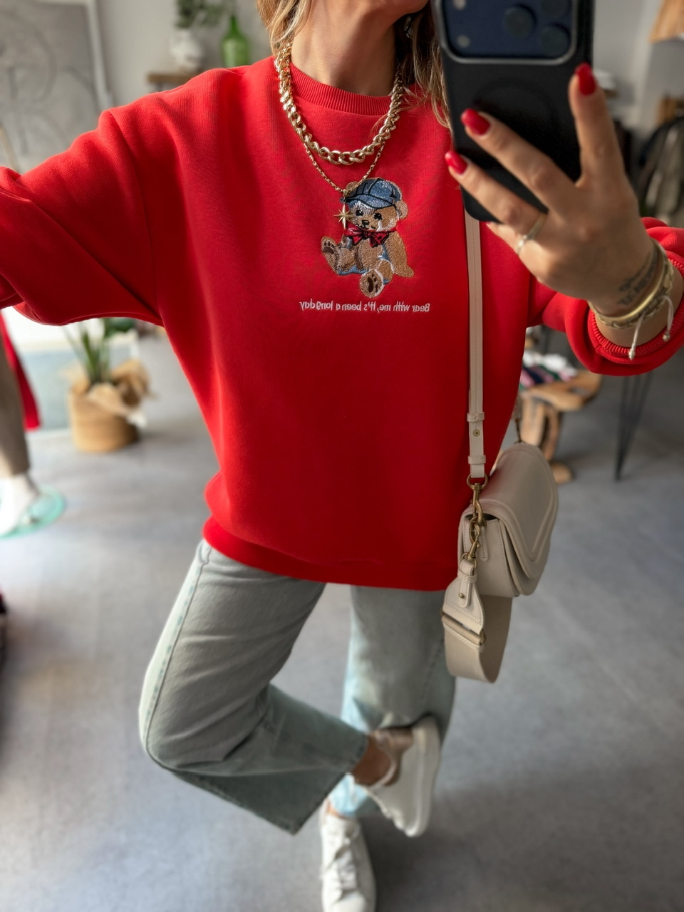 Kırmızı Ayıcık Figürlü Orijinal Sweatshirt