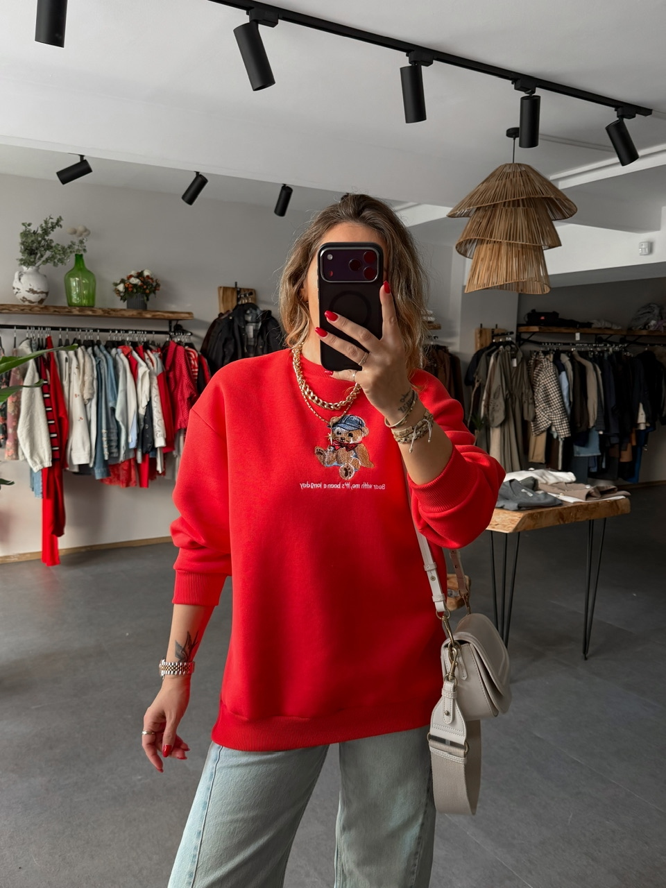 Kırmızı Ayıcık Figürlü Orijinal Sweatshirt