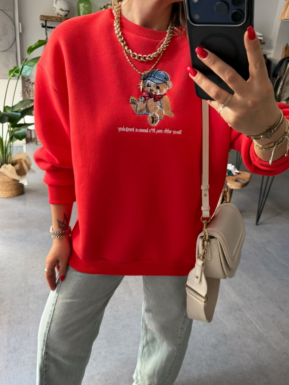 Kırmızı Ayıcık Figürlü Orijinal Sweatshirt