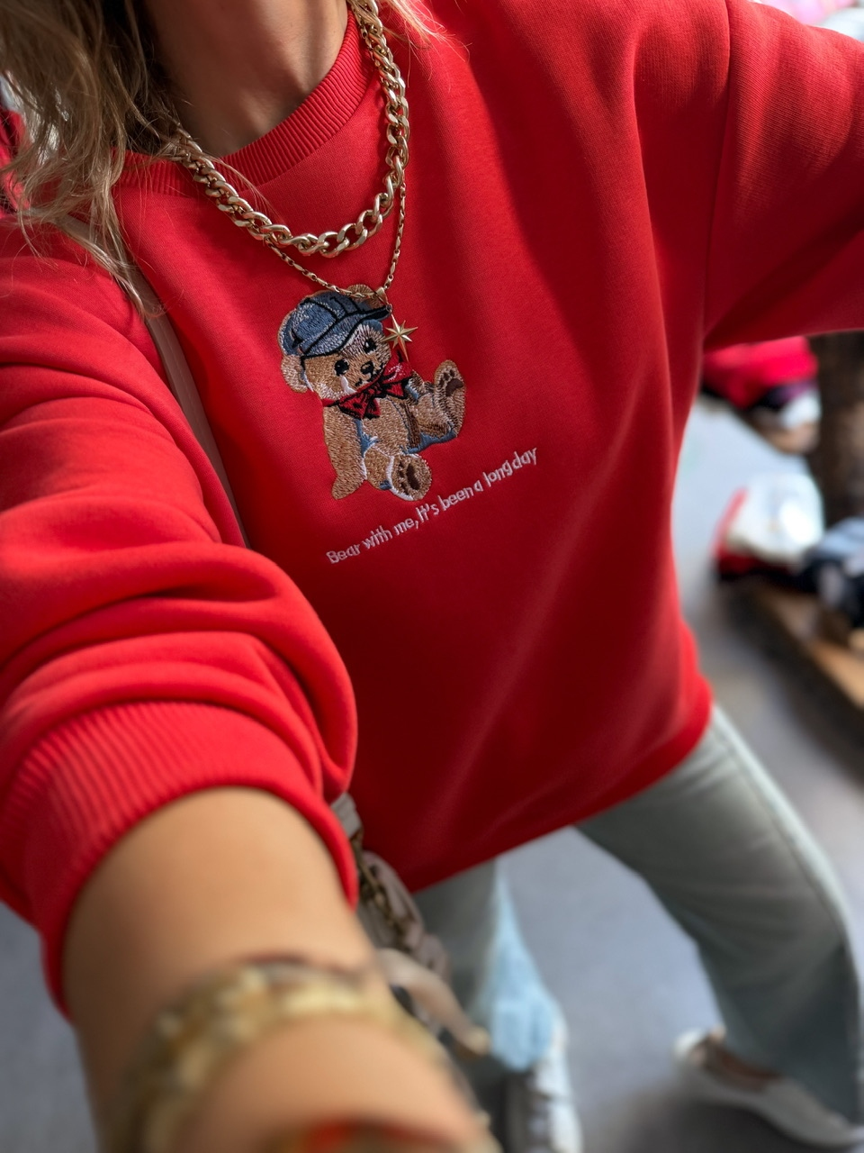 Kırmızı Ayıcık Figürlü Orijinal Sweatshirt