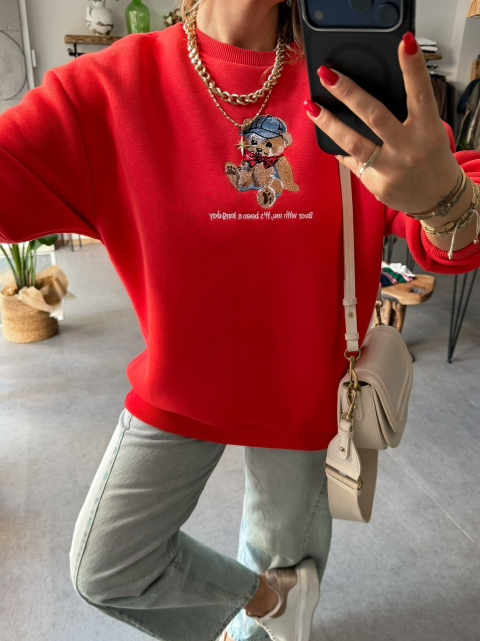Kırmızı Ayıcık Figürlü Orijinal Sweatshirt
