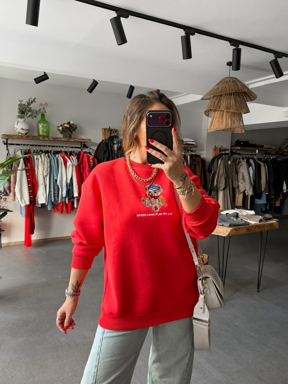 Kırmızı Ayıcık Figürlü Orijinal Sweatshirt