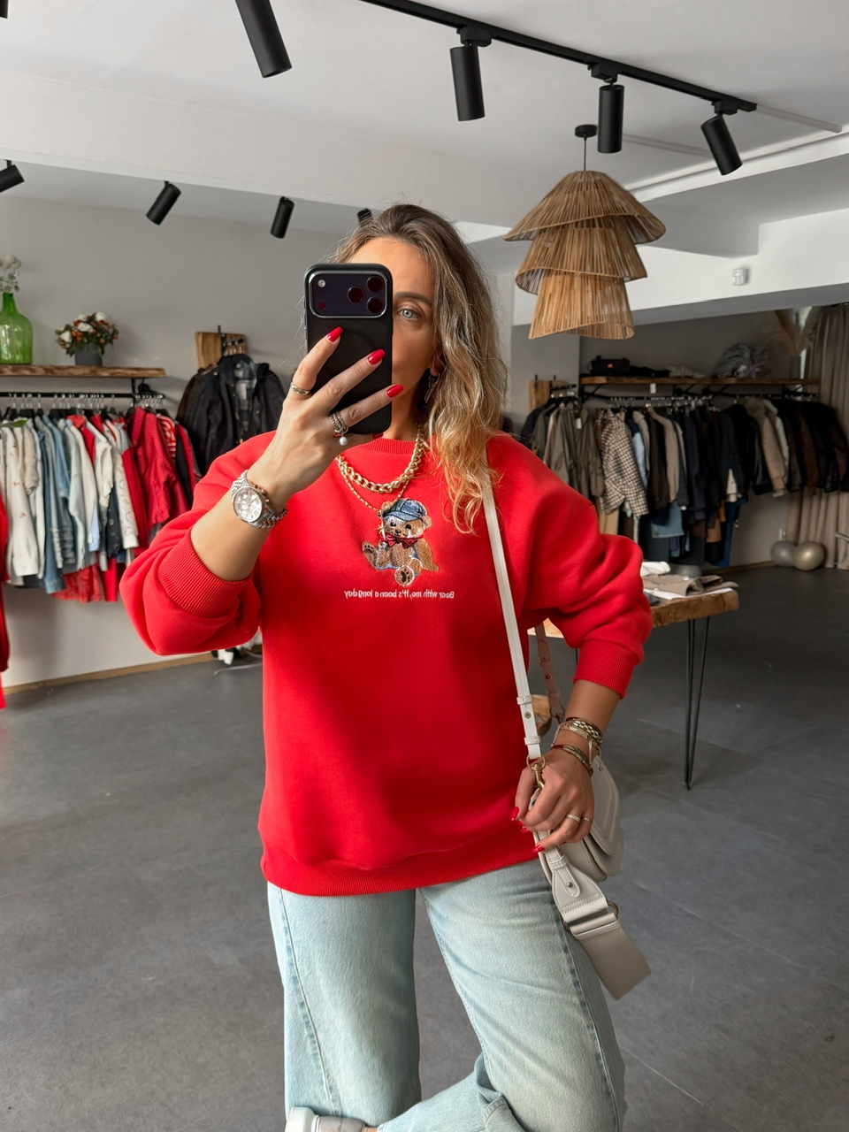 Kırmızı Ayıcık Figürlü Orijinal Sweatshirt