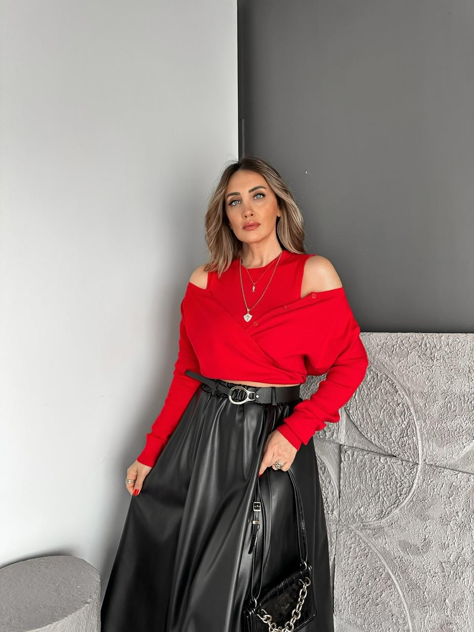 Kırmızı Çift Parçalı Düşük Omuzlu Triko