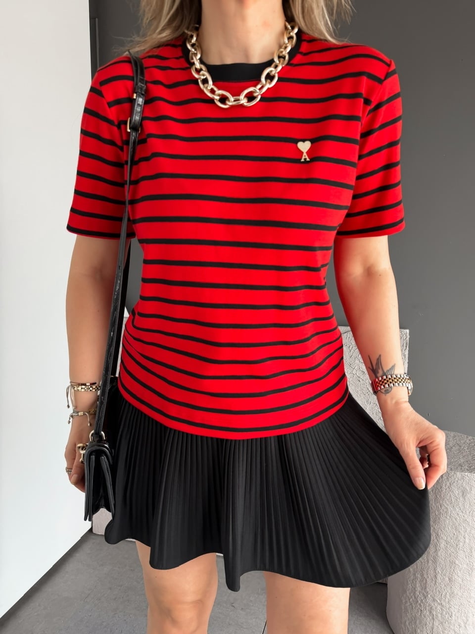 Kırmızı Çizgili Cotton Ami Tshirt