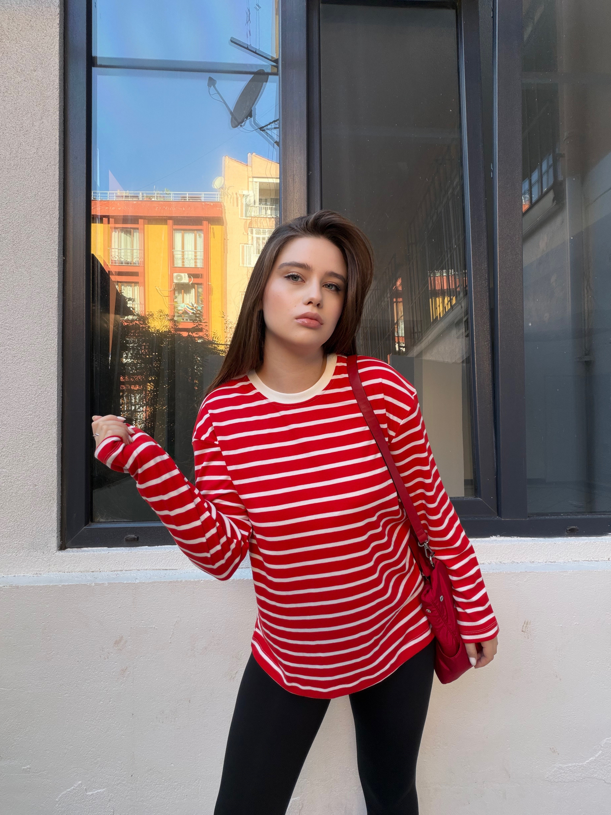 Kırmızı Çizgili Cotton Oversize T-Shirt