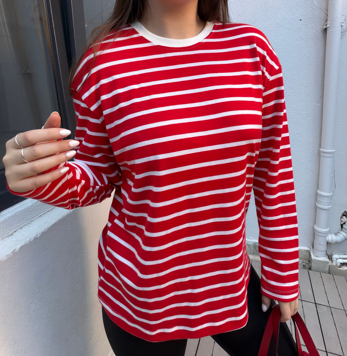 Kırmızı Çizgili Cotton Oversize T-Shirt