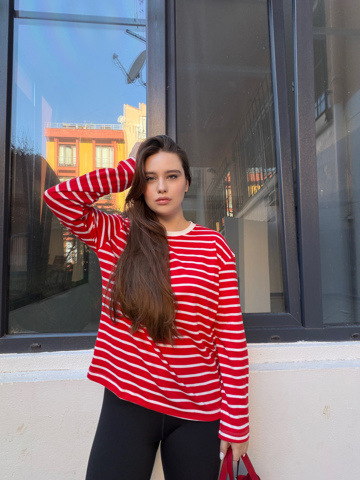 Kırmızı Çizgili Cotton Oversize T-Shirt