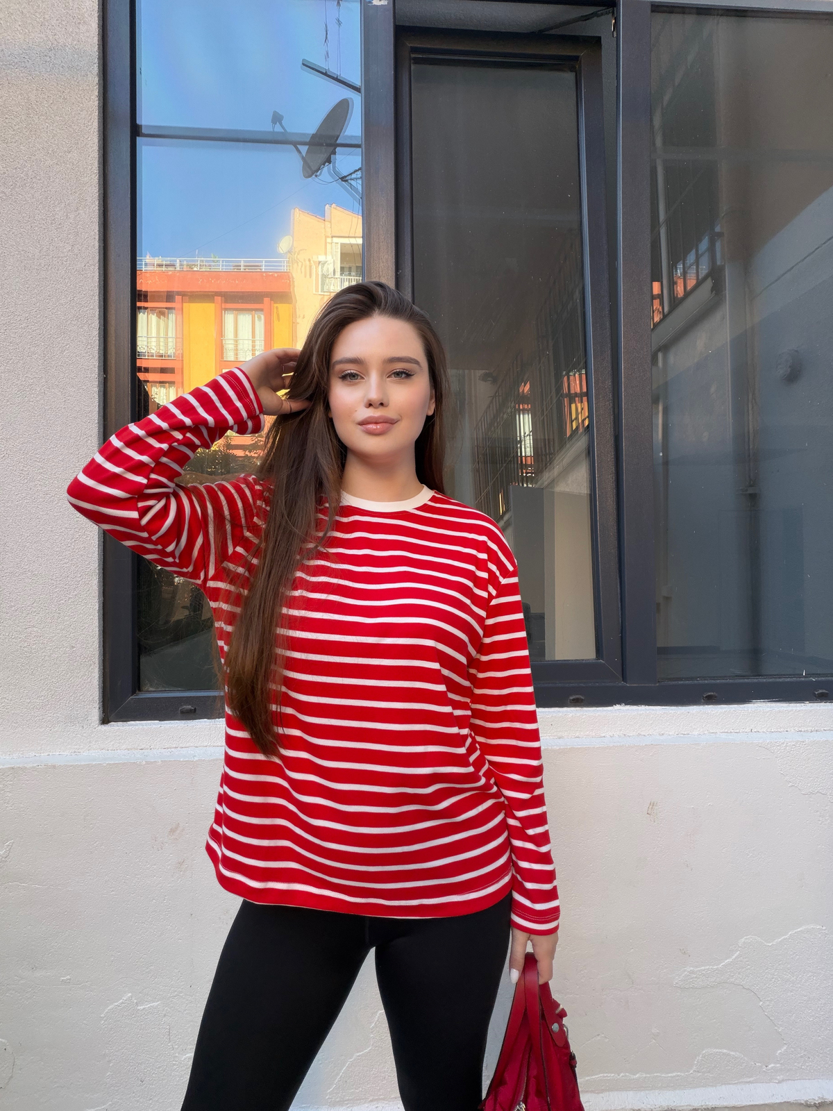 Kırmızı Çizgili Cotton Oversize T-Shirt