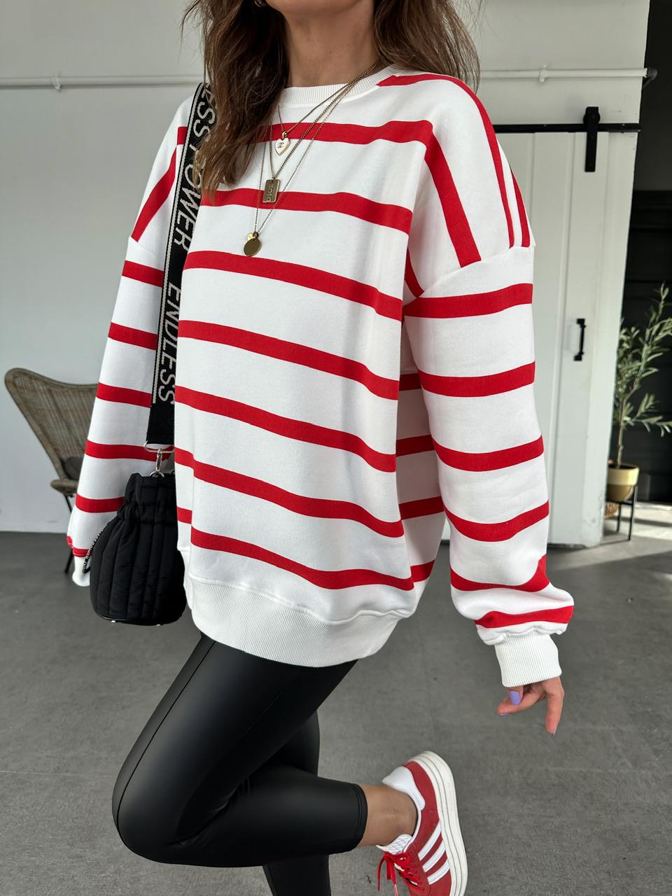Kırmızı Çizgili Oversize Sweatshirt
