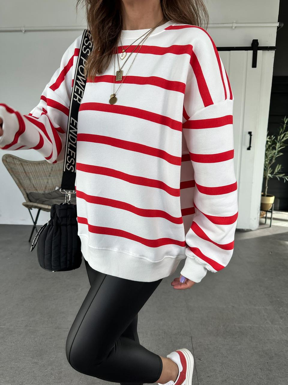 Kırmızı Çizgili Oversize Sweatshirt