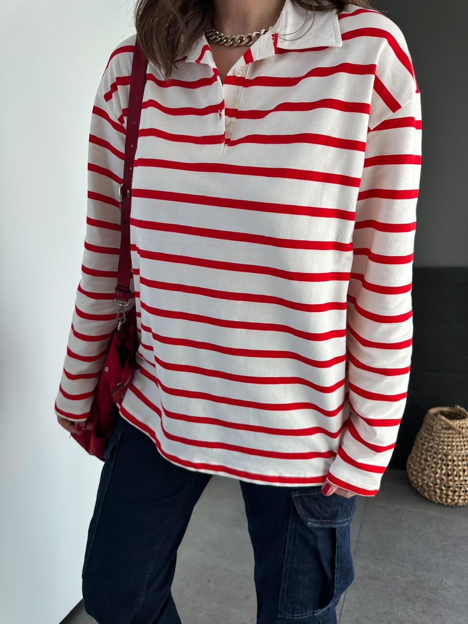 Kırmızı Çizgili Polo Yaka Sweatshirt