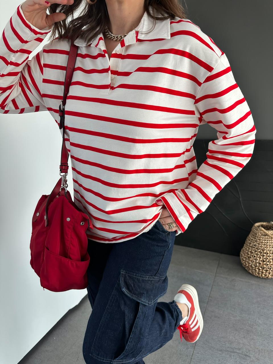 Kırmızı Çizgili Polo Yaka Sweatshirt