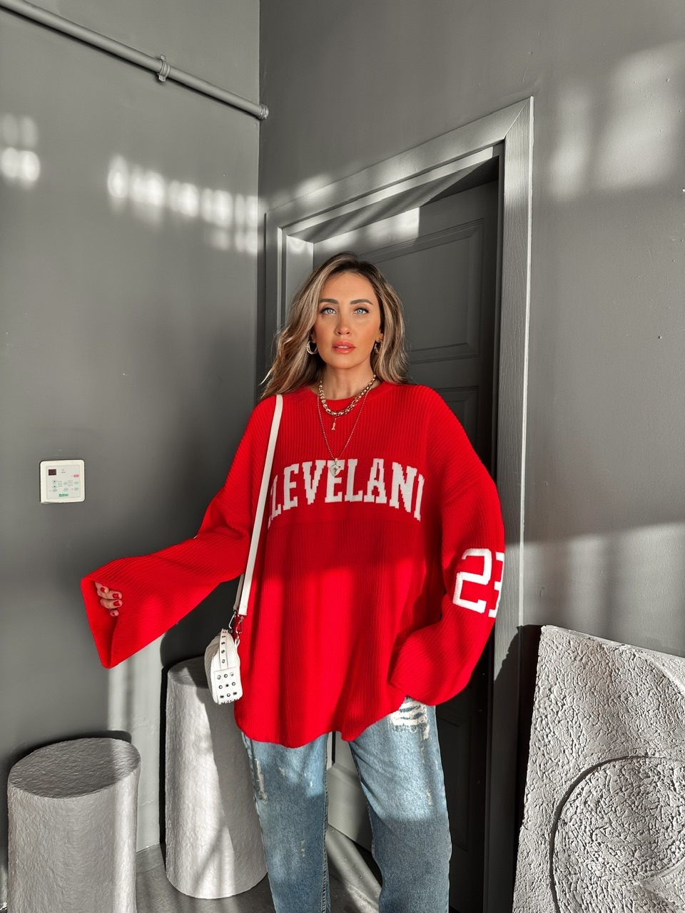 Kırmızı Cleveland Oversize Kazak
