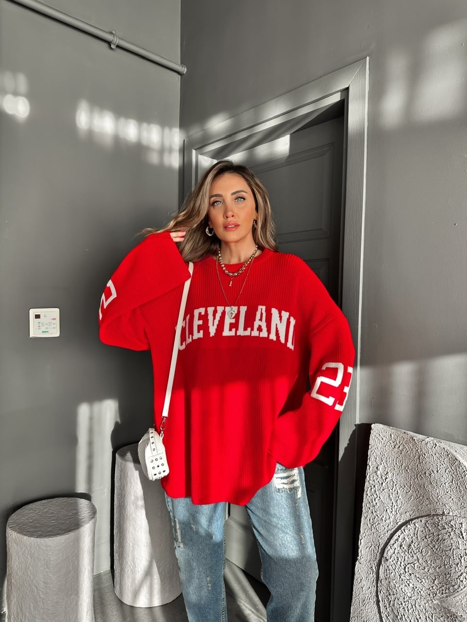 Kırmızı Cleveland Oversize Kazak