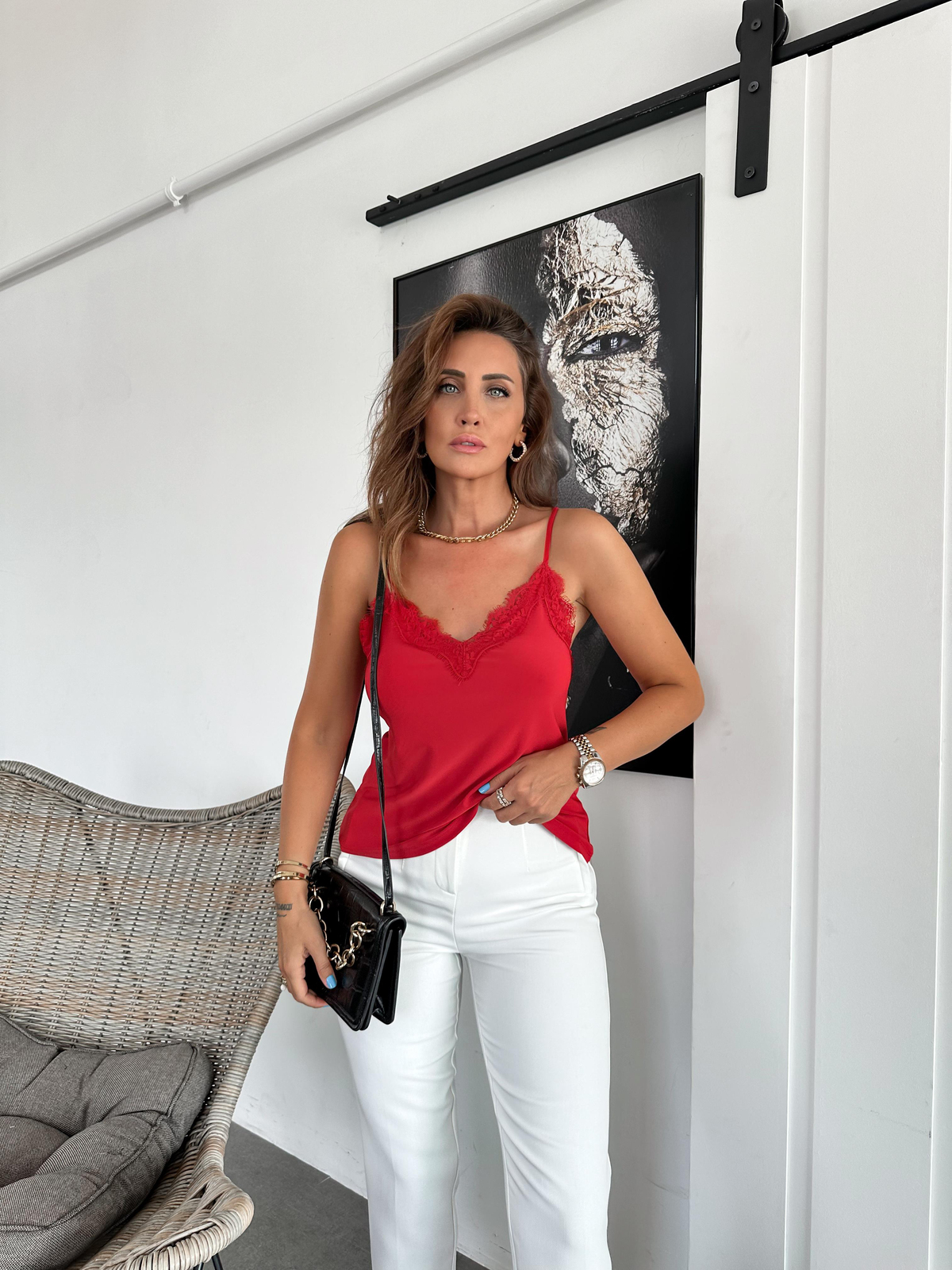 Kırmızı Dantel İp Askılı Bluz