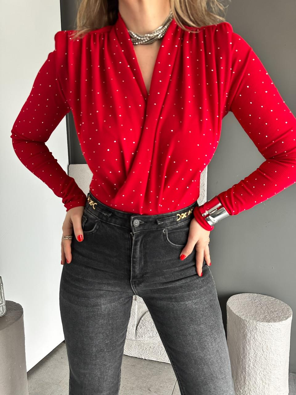 Kırmızı Degaje Taşlı Bodysuit