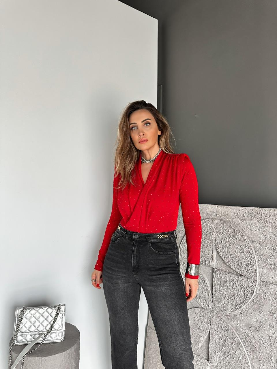 Kırmızı Degaje Taşlı Bodysuit