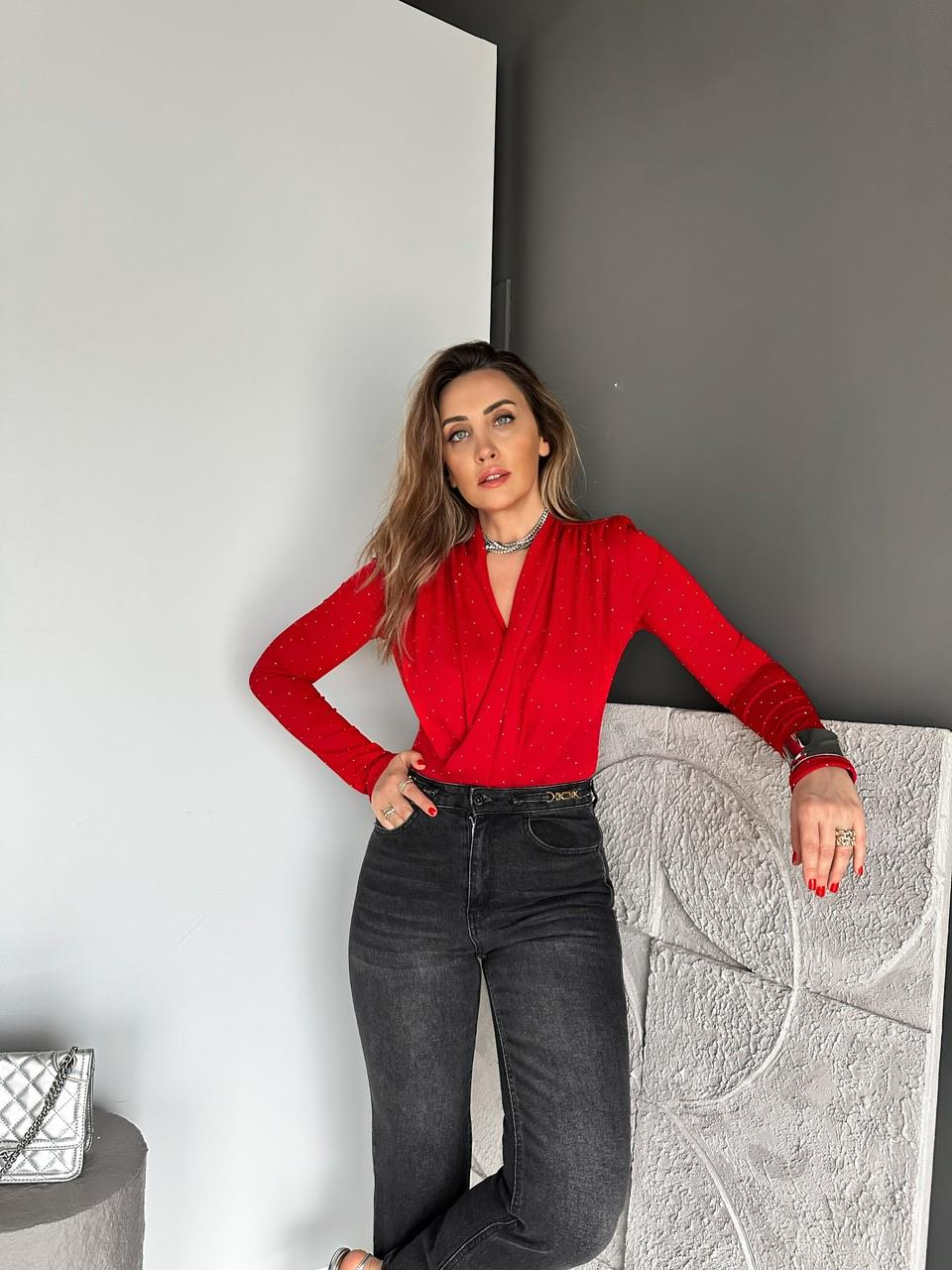 Kırmızı Degaje Taşlı Bodysuit