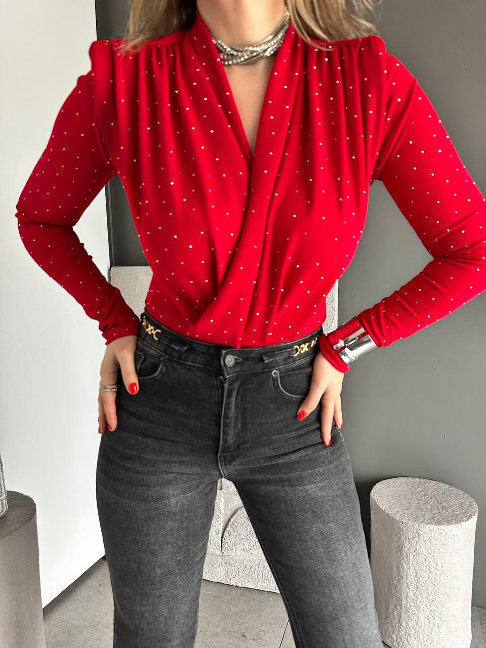 Kırmızı Degaje Taşlı Bodysuit