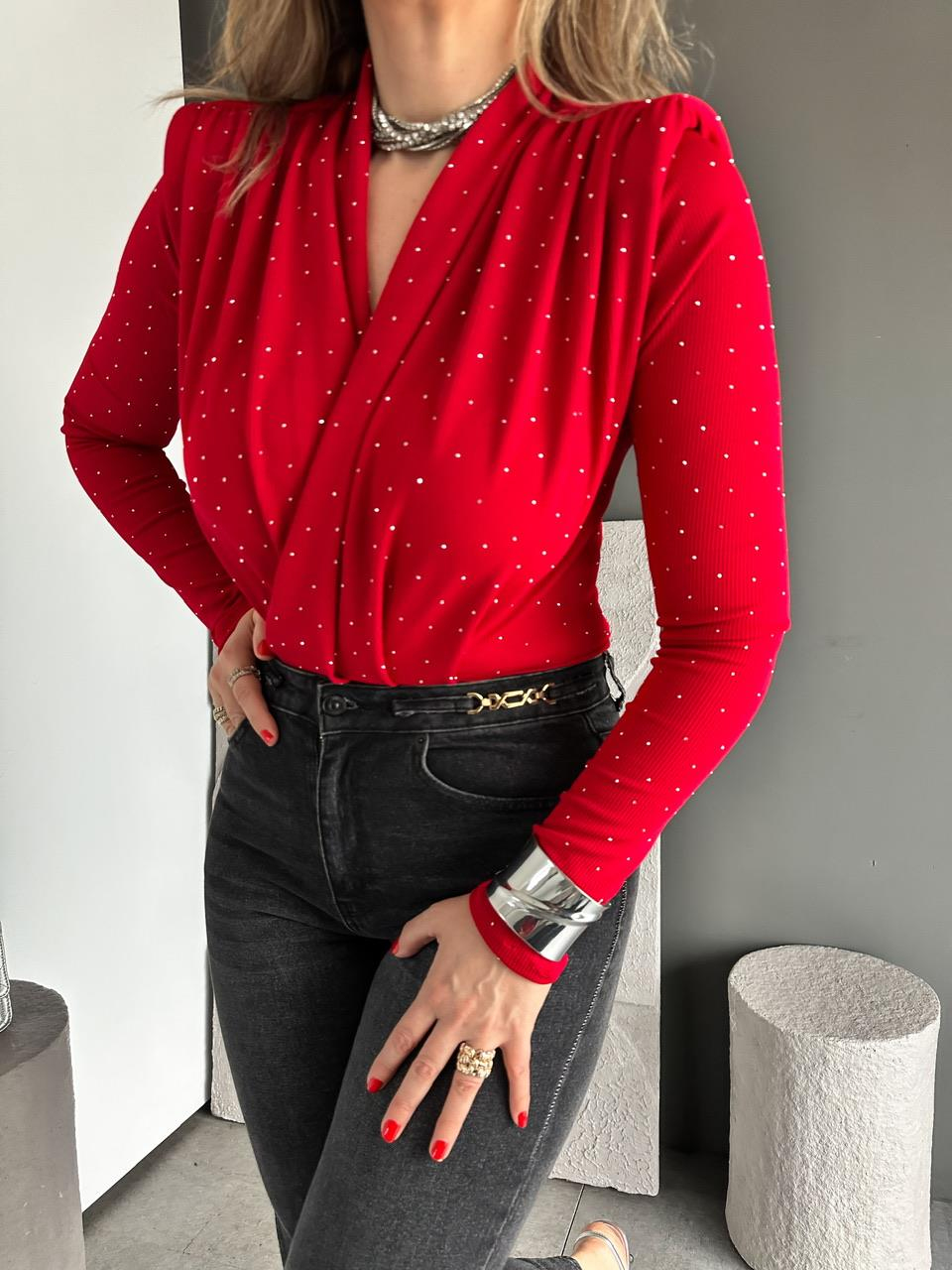 Kırmızı Degaje Taşlı Bodysuit