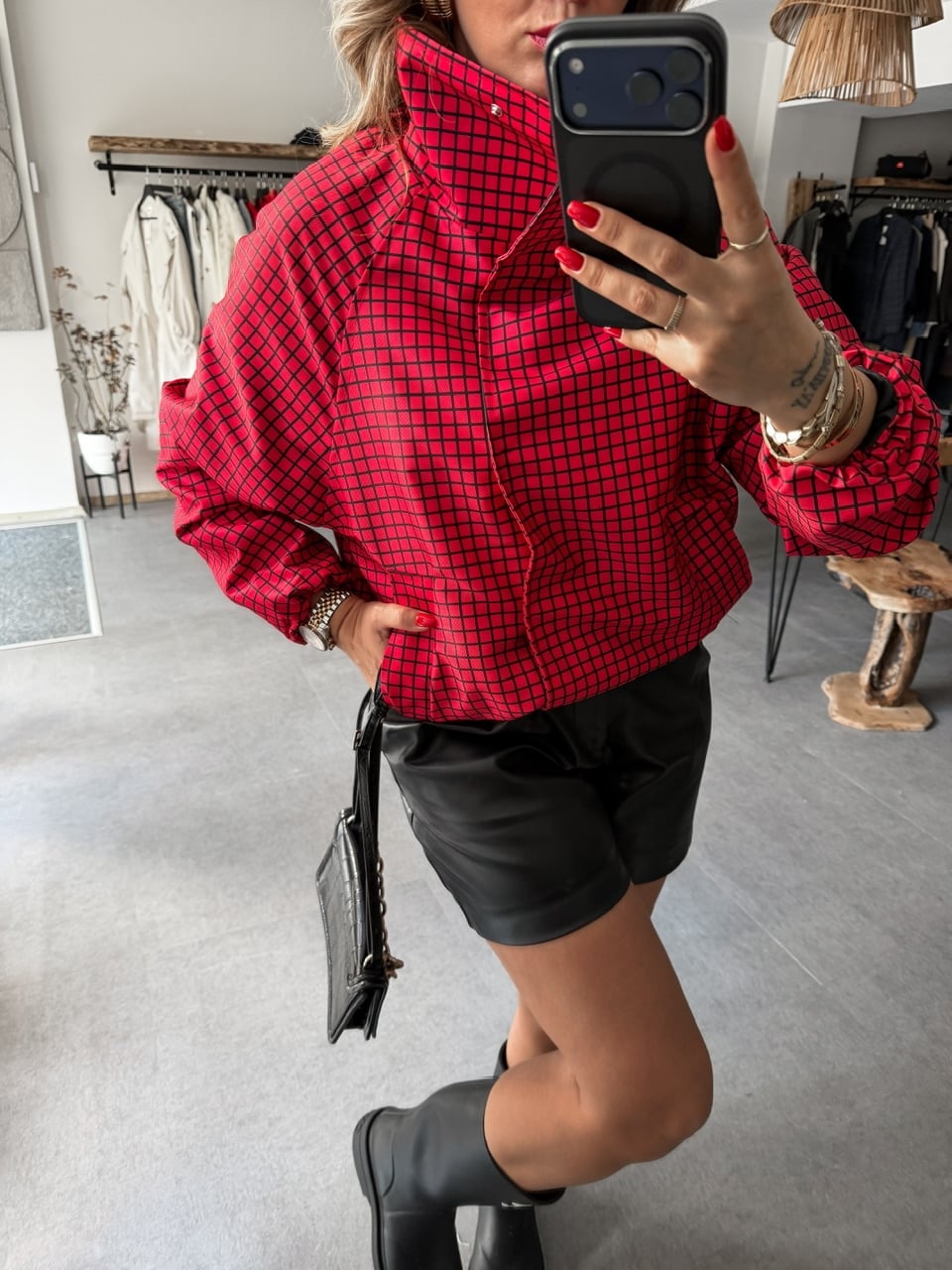 Kırmızı Ekose Dik Yaka Trençkot