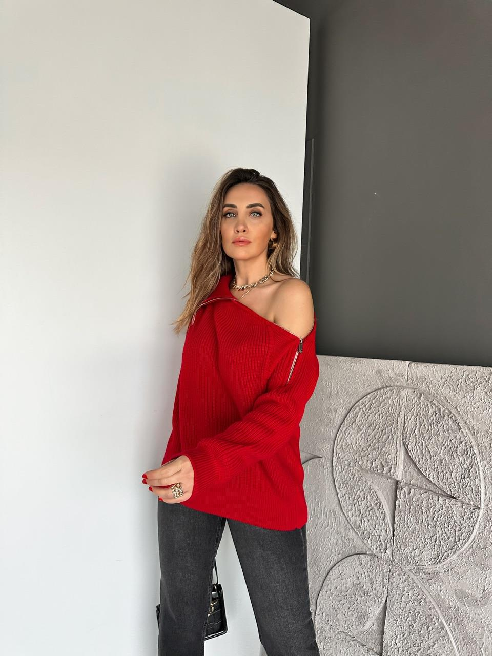Kırmızı Fermuarlı Tasarım Premium Kazak