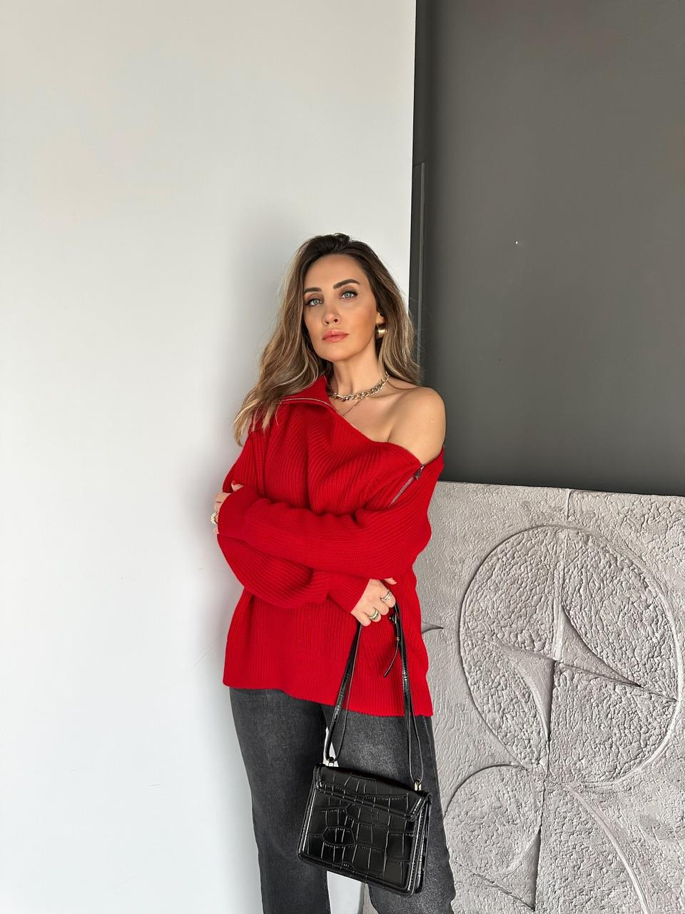 Kırmızı Fermuarlı Tasarım Premium Kazak